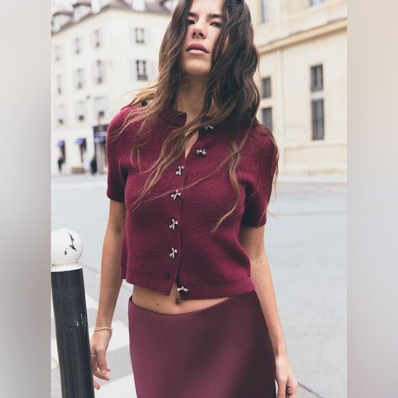 ZARA BOW SHAPED BUTTON KNIT CARDIGAN - Picture 8 of 8